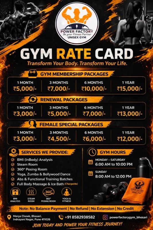 Power Factory Gym rate card design by MarkMax Studioz